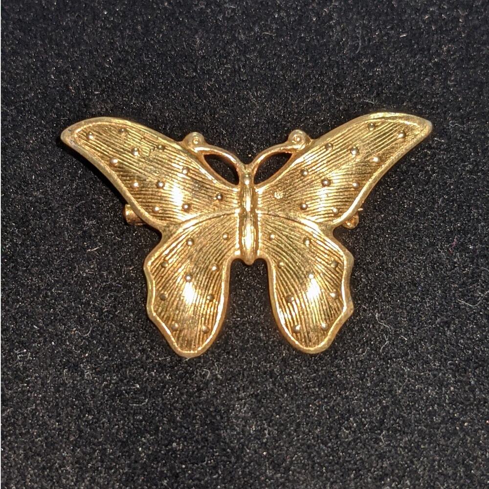 Vintage Golden Butterfly Brooch Striped Spotted Textured Metal Pin 1"